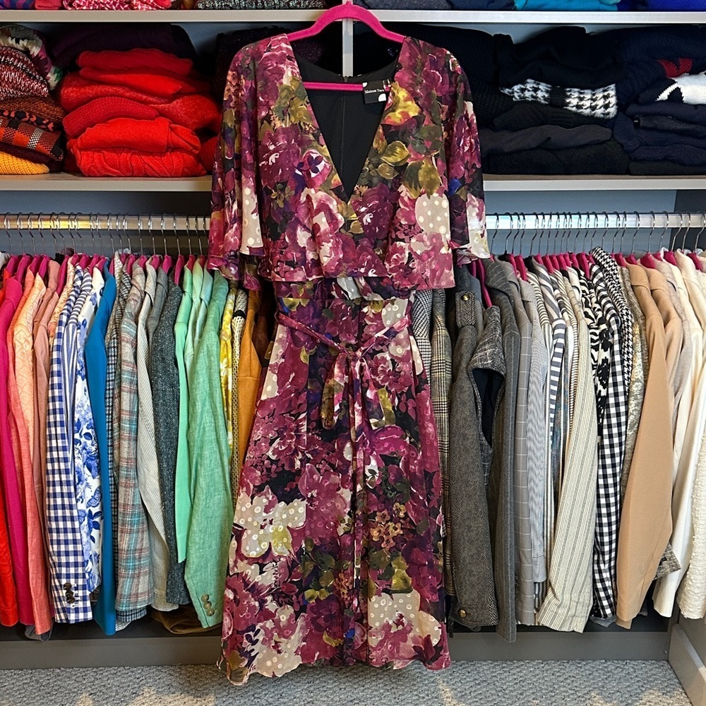 Maison Tara magenta floral cape sleeveless belted lined v neck dress size 20W